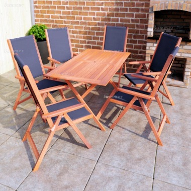 6 Seater Hardwood Set 109 - Textilene Reclining Chairs, Rectangular Table 6 Seater Hardwood Set 109 - Textilene Reclining Chairs, Rectangular Table