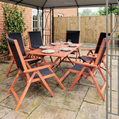 6 Seater Hardwood Set 109 - Textilene Reclining Chairs, Rectangular Table 6 Seater Hardwood Set 109 - Textilene Reclining Chairs, Rectangular Table