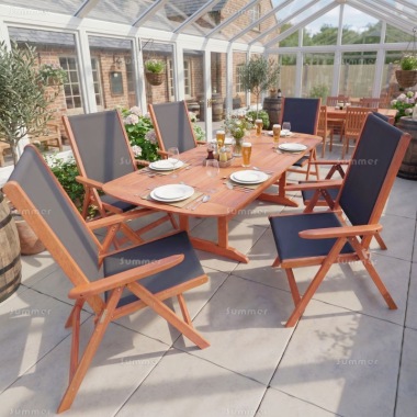 6 Seater Hardwood Set 138 - Textilene Reclining Chairs, Extending Table 6 Seater Hardwood Set 138 - Textilene Reclining Chairs, Extending Table