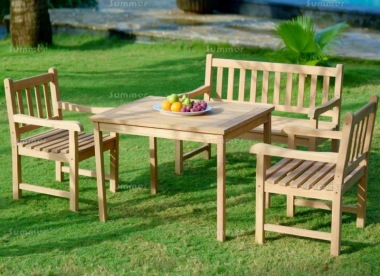 4 Seater Teak Bench Set 182 - 2 Armchairs, Bench, Dining Table