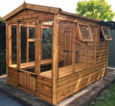 Wooden Greenhouse 154 - Built In Shed, Toughened Glass Wooden Greenhouse 154 - Built In Shed, Toughened Glass