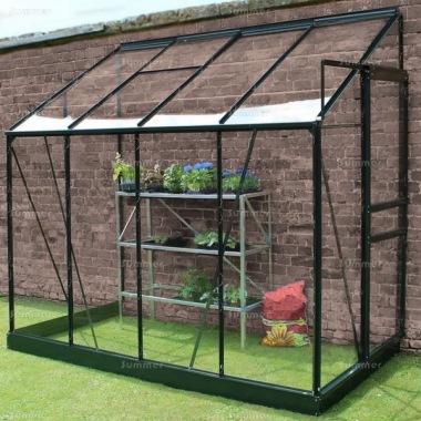 Aluminium Lean To Greenhouse 145 - Green, Toughened Glass, Base Included Aluminium Lean To Greenhouse 145 - Green, Toughened Glass, Base Included