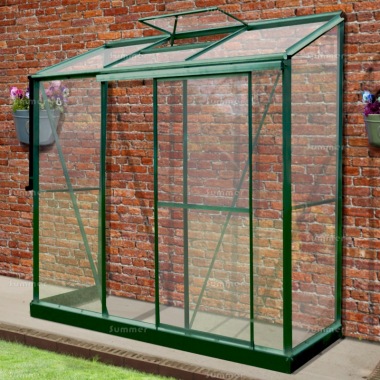 Aluminium Lean To Greenhouse 340 - Green, Toughened Glass, Base Included Aluminium Lean To Greenhouse 340 - Green, Toughened Glass, Base Included